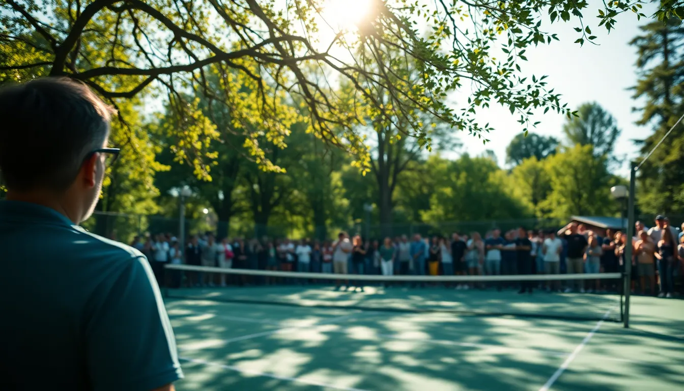 A vibrant portrayal of a lively tennis match in progress, surrounded by enthusiastic spectators. The dappled sunlight creates a warm and inviting atmosphere, while the vivid colors enhance the sense of excitement. The composition captures both the action on the court and the engagement of the crowd, creating a dynamic interplay between player and audience. This image encapsulates the spirit of community and sportsmanship in tennis.