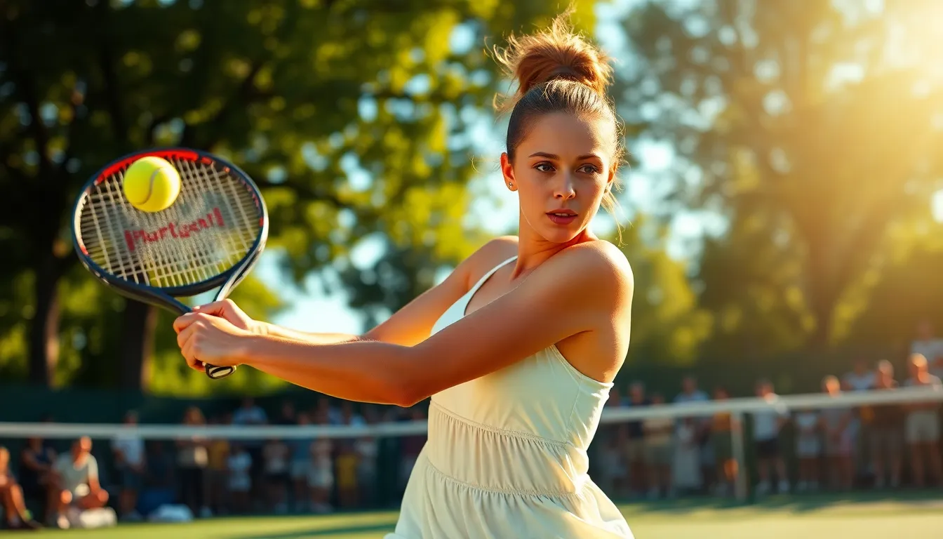 This image captures a young woman in a white tennis dress mid-swing during an afternoon match, highlighted by the warm dappled sunlight. The vibrant colors of the tennis court and clear blue sky enhance the energetic mood of the sport. With a shallow depth of field, the blurred background emphasizes the player’s intense expression and athletic form, creating a sense of motion and urgency in the scene. It's a perfect representation of tennis captured in a natural outdoor setting.