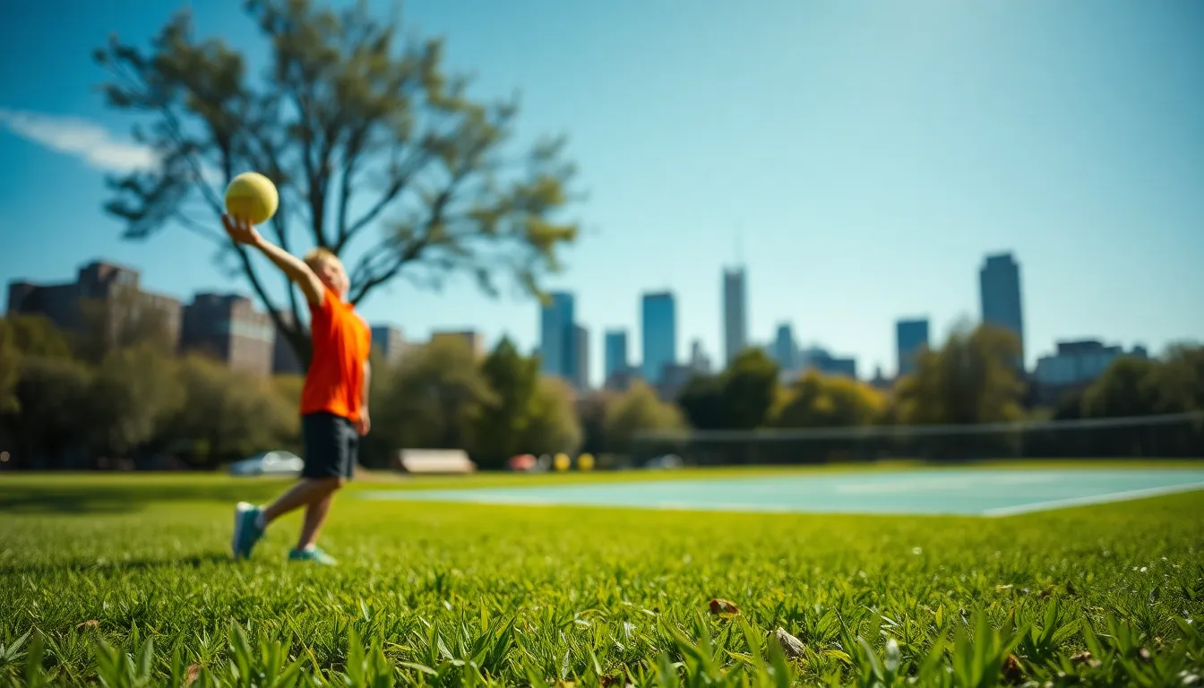 In this lively image, a young tennis player practices their serve in a vibrant urban park setting, with the city skyline softly blurred in the background. The bright afternoon sunlight casts sharp shadows, giving depth to the scene. The saturated color palette highlights the lush greens of the park against the clear blue sky. The composition utilizes the rule of thirds, enhancing the player's connection with their surroundings. Visible textures of the grass and the player's outfit add energy to this captivating moment.