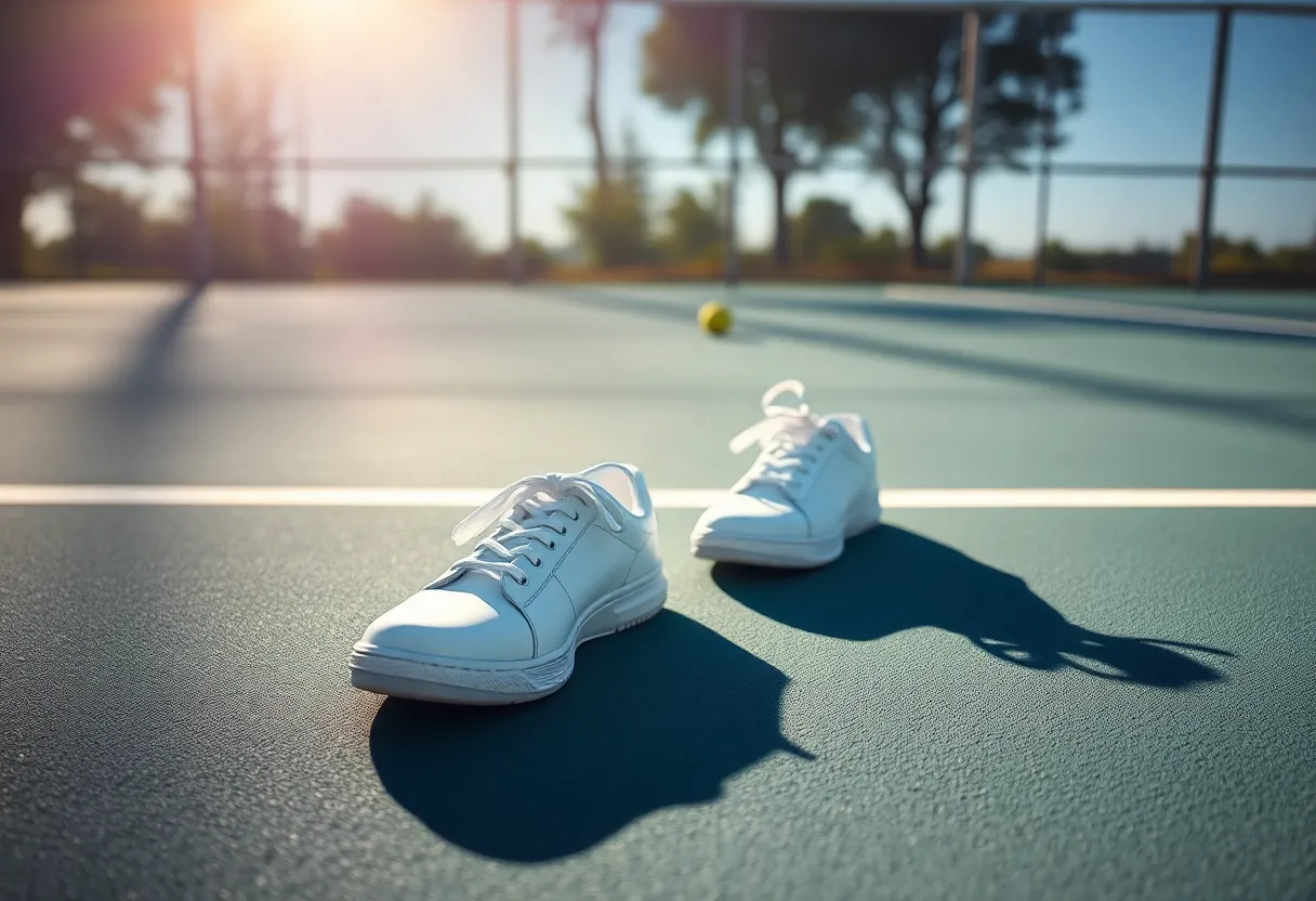 This evocative image captures a pair of tennis shoes left on the court, suggesting a moment of pause during a game. Strong afternoon sunlight casts dramatic shadows, enhancing the textures of the shoes and the court surface. With a shallow depth of field, the background softly fades, inviting focus on the shoes. This photograph symbolizes the energy and transient moments of the sport.