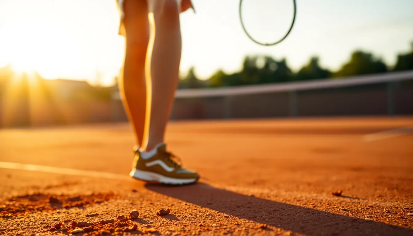A dynamic tennis player is captured mid-swing on a sunlit clay court during golden hour. The warm light accentuates the player’s focused expression and athletic attire, while the blurred background creates a sense of motion and intensity. The clay court texture is visible, with tiny particles flying as the player strikes the ball. This image conveys an energetic and competitive atmosphere.