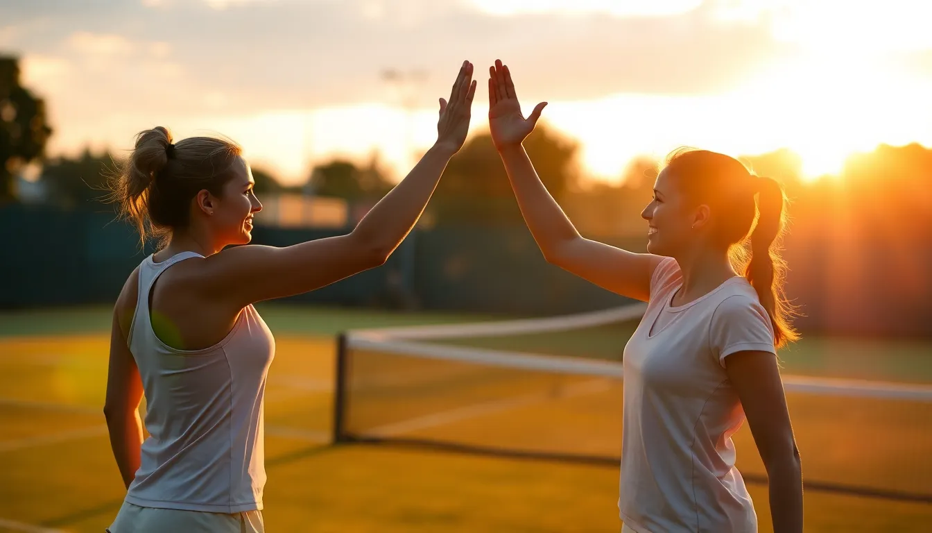 This heartwarming image captures two female tennis players high-fiving after a successful point during a doubles match at sunset. The warm golden hour backlighting beautifully outlines their silhouettes, creating a stunning contrast with the deepening colors of the evening sky. The shallow depth of field enhances the joyful moment, with textures of sweat and grass subtly visible, adding realism to the celebration. This image perfectly encapsulates the spirit of teamwork and triumph in tennis.