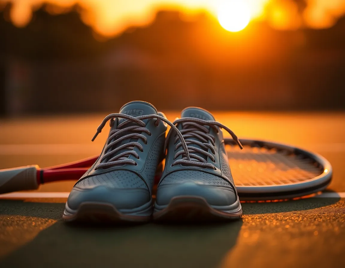 An evocative image of tennis gear bathed in the warm glow of sunset. The pair of tennis shoes and racket are artistically arranged, showcasing intricate textures and details. The rich golden hour lighting enhances the inviting atmosphere, reflecting a day well spent on the court. This composition draws the eye with its symmetry, encouraging viewers to appreciate the dedication that tennis requires.