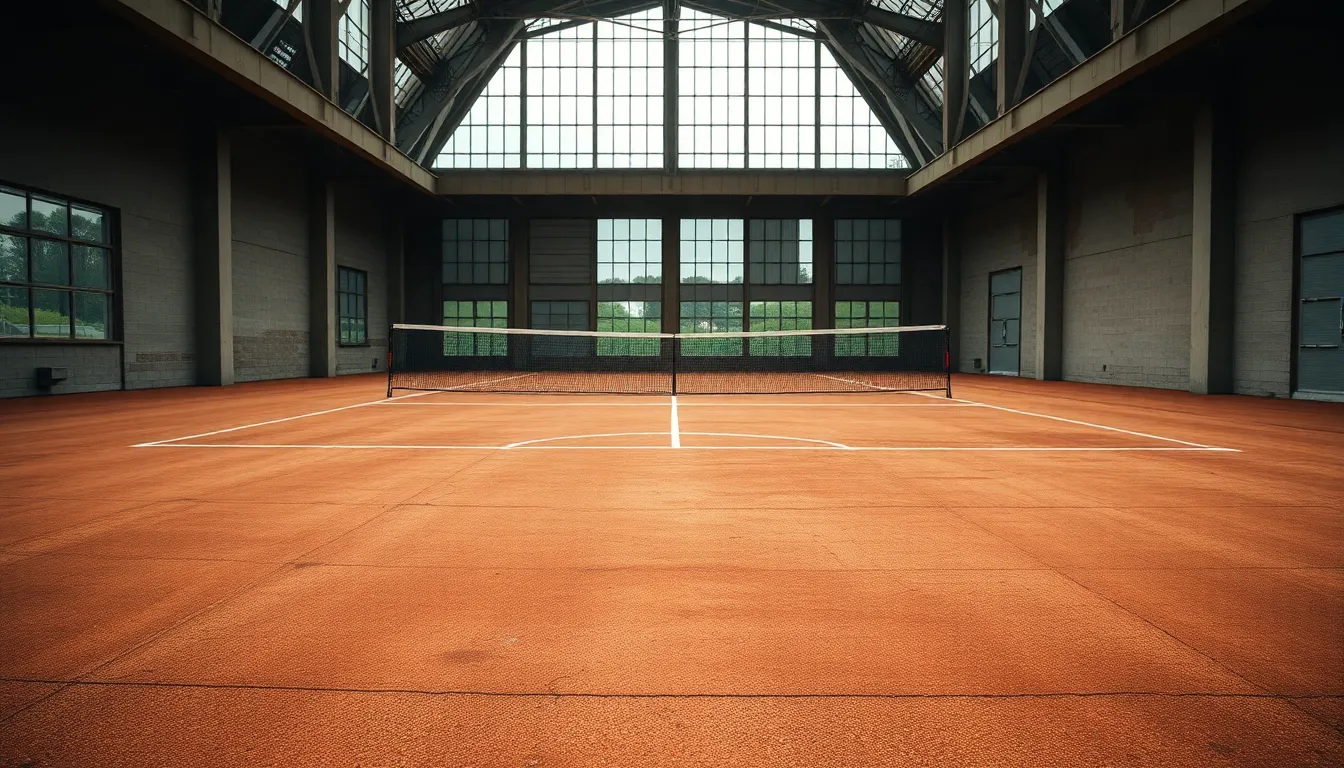An inviting view of an empty tennis court prepared for an upcoming match, captured under soft, diffused overcast light. The muted colors of the court juxtaposed against the surrounding green foliage create a serene atmosphere. Lines on the weathered concrete surface add a touch of detail, creating a sense of anticipation for the game ahead.