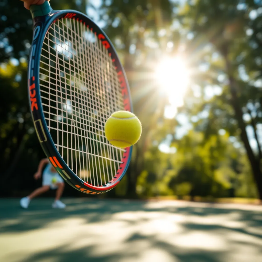 This close-up shot illustrates the powerful moment a tennis racket connects with a ball during an intense match. The vibrant colors capture the crispness of the bright white ball contrasted against the lush green court and rich textures of the wooden racket. The use of shallow depth of field emphasizes the racket and ball while rendering the background in a soft, dreamy bokeh. This image encapsulates the energy and precision of tennis, making it a striking visual for sports enthusiasts.