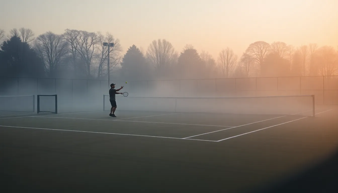 A peaceful morning scene featuring a lone tennis player practicing serves on an empty court, enveloped in gentle mist. The warm hues of the golden hour light create a tranquil atmosphere, reflecting the athlete's dedication. With a soft focus on the player and a blurred court in the background, this image evokes a sense of calm and solitude before a busy day. A beautifully composed photograph that showcases the essence of disciplined practice.