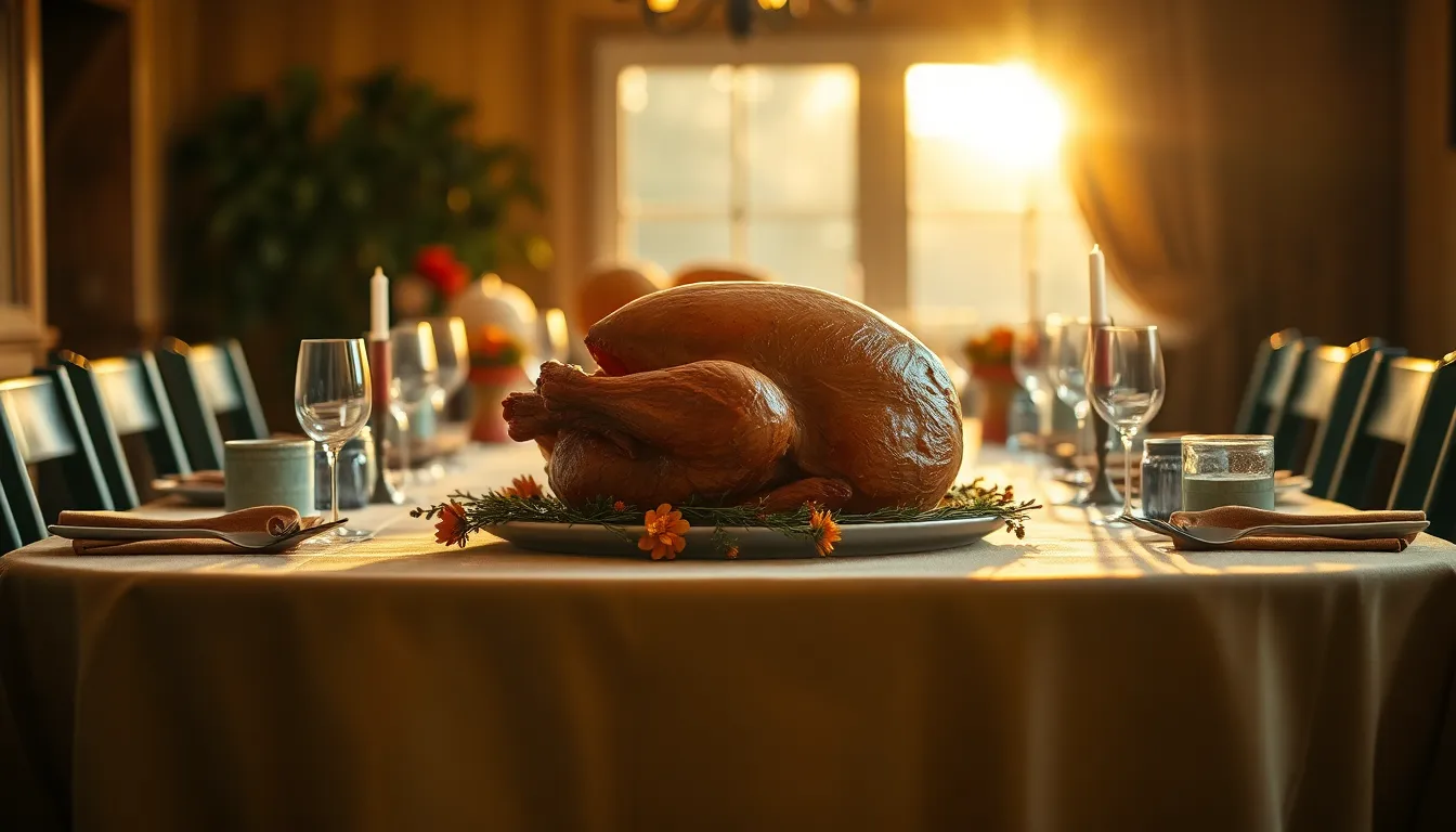 This inviting Thanksgiving dinner scene showcases a beautifully arranged table with a turkey centerpiece and autumn decorations. Captured during golden hour, warm light bathes the setting, enhancing textures of the linen tablecloth and wooden table. The arrangement uses the rule of thirds, creating a harmonious visual flow that draws the eye to the delicious feast. Muted autumn colors set a cozy, festive mood perfect for the holiday.