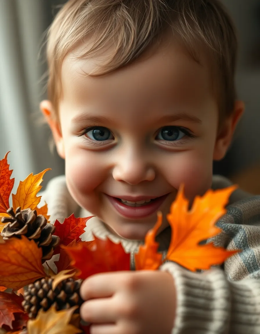 A joyful child is captured in a close-up portrait, engaged in preparing Thanksgiving decorations with colorful leaves and pinecones. The soft, overcast lighting highlights the child's facial expressions, evoking innocence and excitement for the holiday. The warm colors create a cozy atmosphere, reflecting the spirit of togetherness and gratitude that defines Thanksgiving. This image beautifully conveys the essence of family traditions and festive preparations.