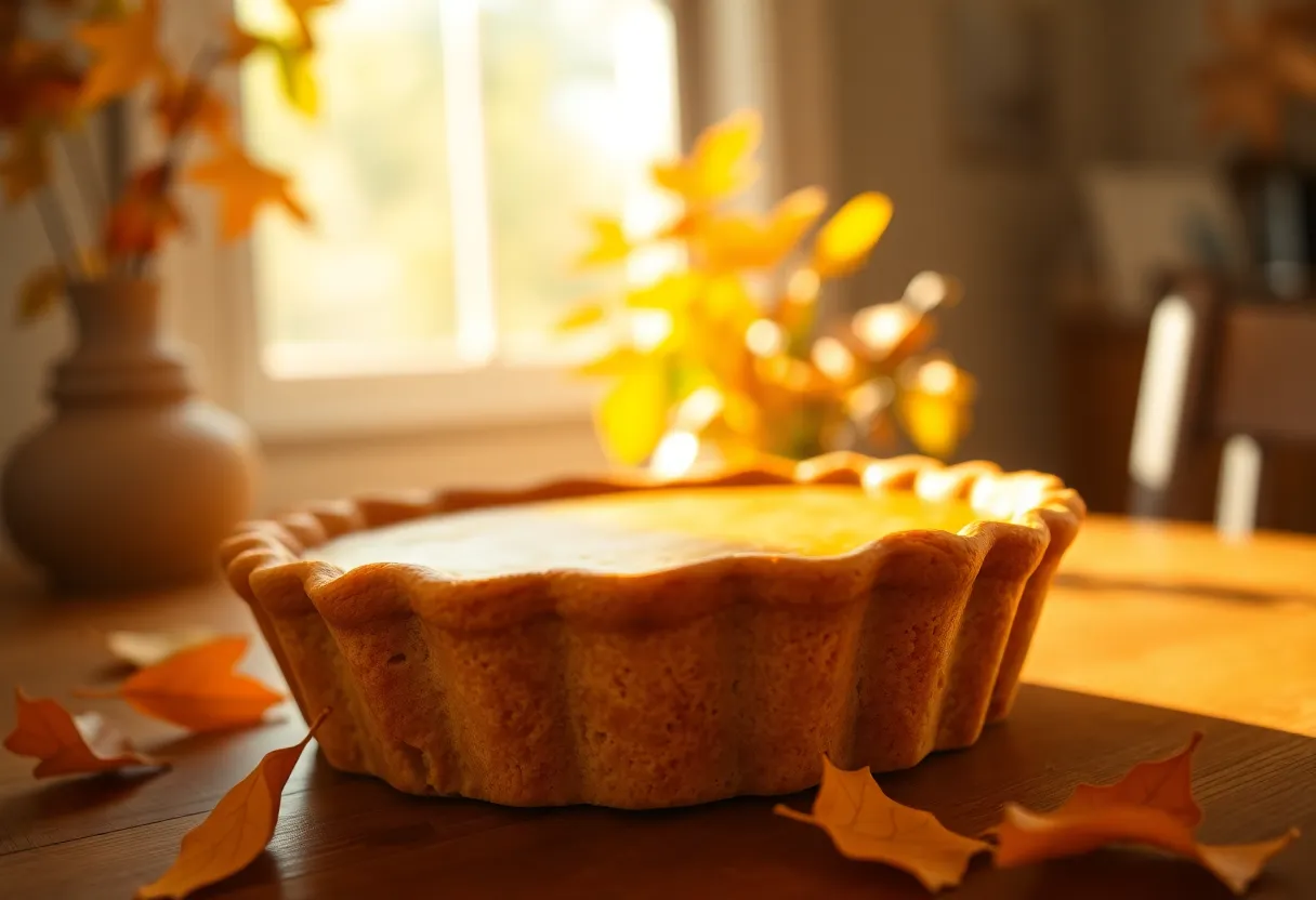 A close-up of a freshly baked pumpkin pie is beautifully arranged on a rustic wooden table. Natural light enhances the vibrant colors of the pie's flaky crust and creamy filling, creating an inviting seasonal treat. The soft bokeh of autumn leaves adds a cozy backdrop, making this pie a perfect centerpiece for Thanksgiving celebrations. The image captures the essence of comfort and tradition in the holiday season.