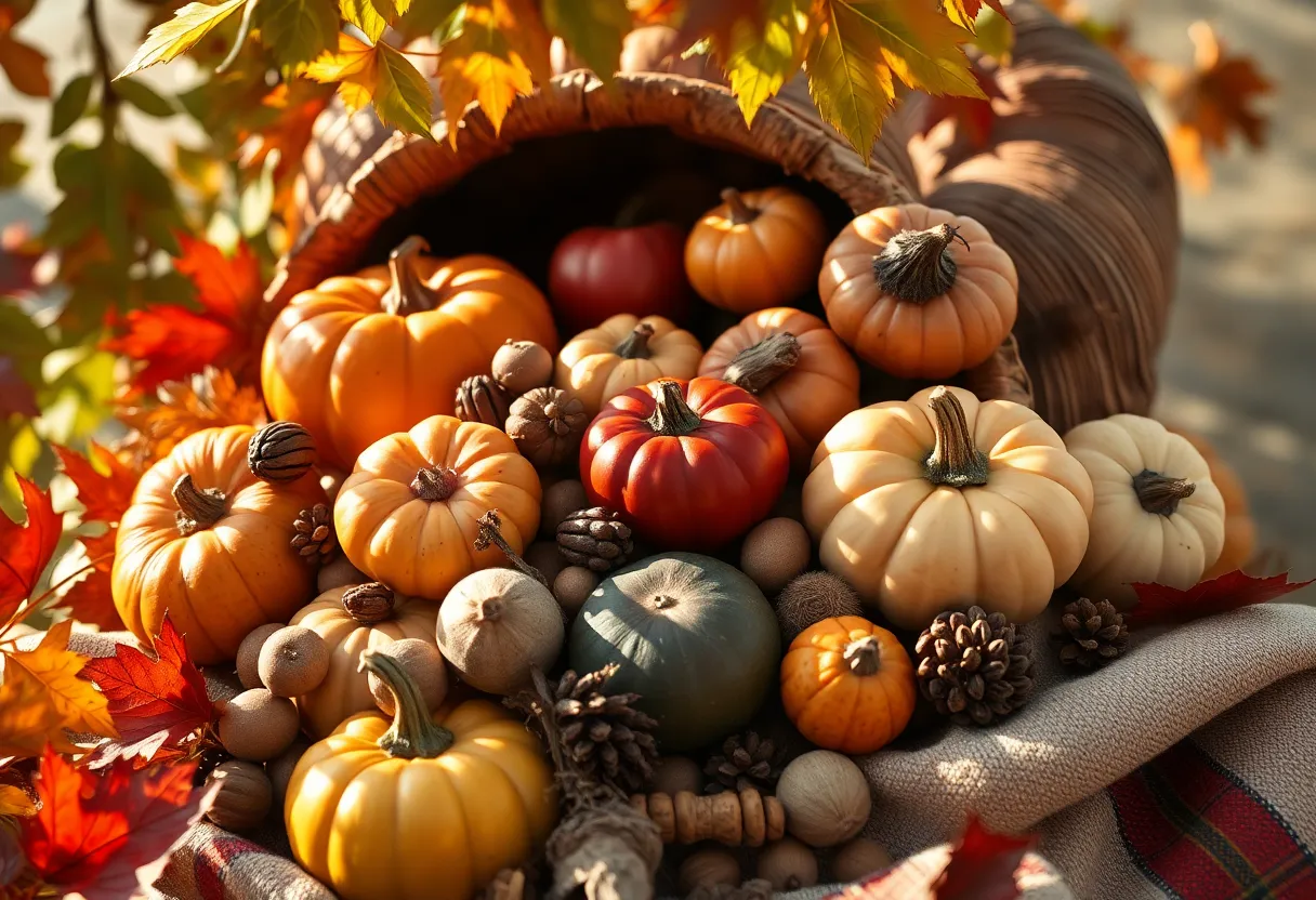 This macro photograph presents a detailed view of a Thanksgiving cornucopia overflowing with fruits, nuts, and pumpkins, evoking the bounty of the harvest. Soft, filtered sunlight through autumn leaves casts gentle shadows, enhancing the natural textures. The composition utilizes the golden ratio for an engaging visual flow, while vibrant colors create a festive atmosphere. The close-up reveals intricate details, compiling a rich tapestry of seasonal abundance.