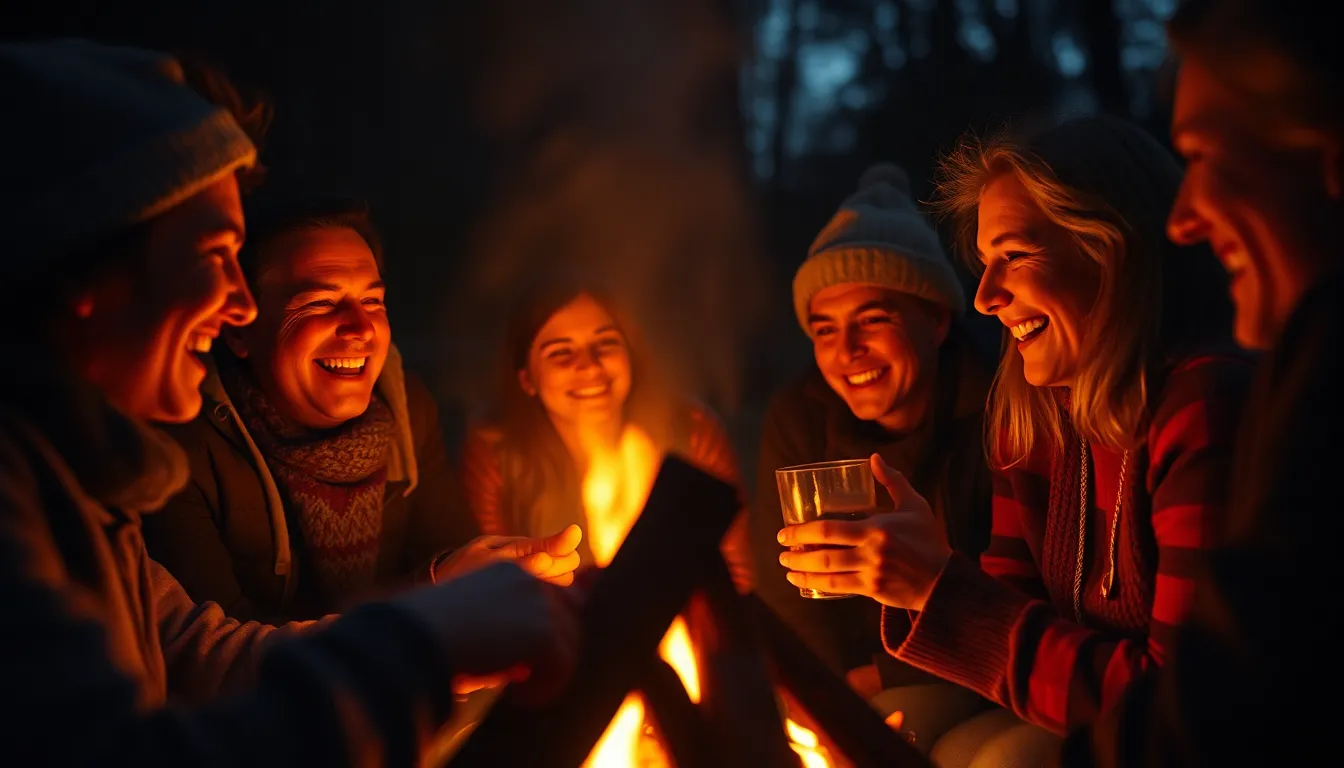 A group of friends gathers around a crackling bonfire, sharing stories and laughter on a chilly Thanksgiving evening. The warm glow of the fire casts flickering shadows that dance across their joyful faces, creating an intimate atmosphere. Shot in a macro perspective, the image captures heartfelt expressions, while the surrounding darkness beautifully contrasts the warmth of their camaraderie. This photo encapsulates the spirit of friendship and gratitude, making it a quintessential Thanksgiving moment.