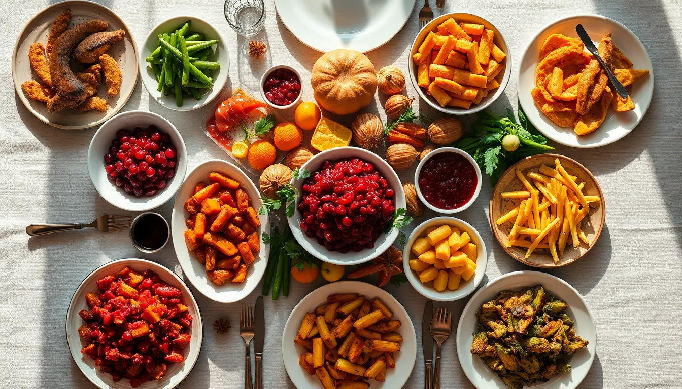 This overhead photograph features a stunning array of dishes arranged for a Thanksgiving feast, showcasing a variety of colorful foods including roasted vegetables and cranberry sauce. Soft natural light enhances the vibrant colors and textures, creating depth in the image. A symmetrical composition ensures all elements are appreciated, while rich hues of red, green, and gold evoke the celebration of the season. The detailed textures add to the inviting allure of the festive spread.