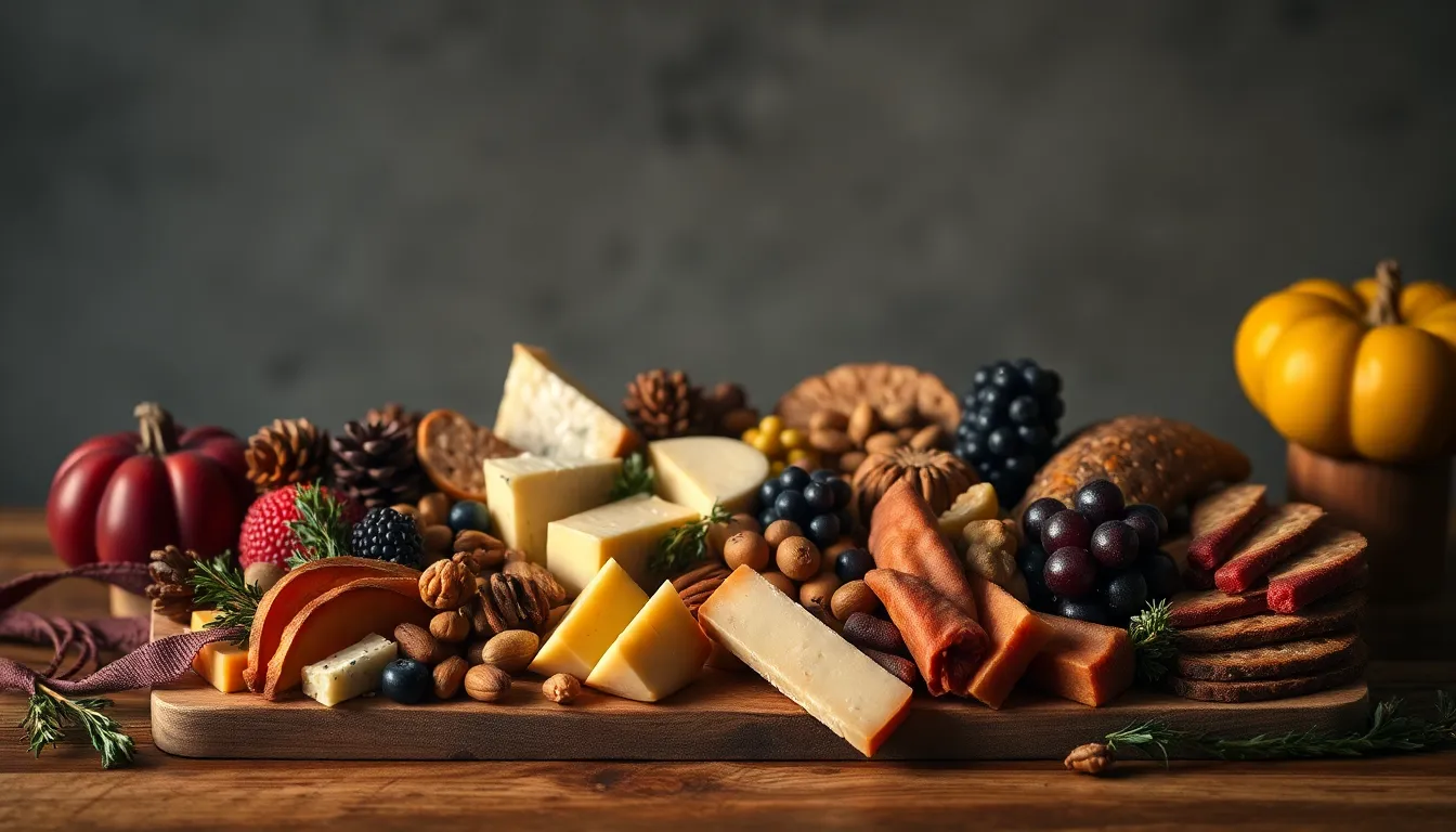 An exquisite Thanksgiving charcuterie board is artfully arranged, showcasing a variety of cheeses, fresh fruits, nuts, and herbs. The dramatic Rembrandt lighting casts rich shadows, emphasizing the textures and colors of the assortment. The soft blur in the background keeps attention on the board, which features natural muted tones and earthy colors that evoke warmth and celebration. This elegant presentation is perfect for enhancing the holiday's culinary experience.