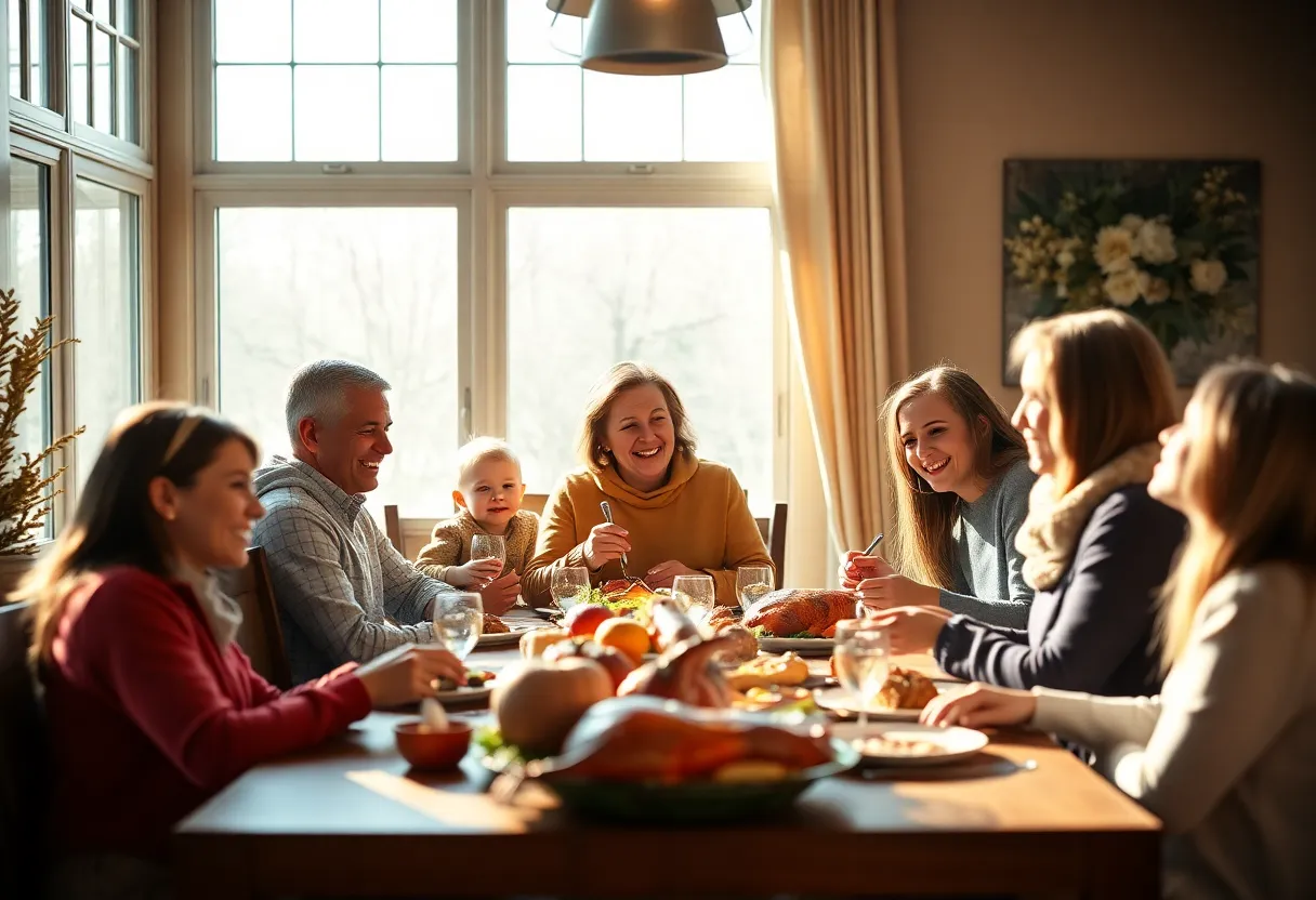 This touching photograph captures a family enjoying their Thanksgiving meal together, bathed in soft, diffused daylight. The scene showcases joyful expressions as the family shares stories and food, emphasizing the essence of togetherness and gratitude. A shallow depth of field brings focus to their interactions while softening the background. Warm earth tones create an inviting atmosphere, making this an ideal representation of family bonding during the holiday.