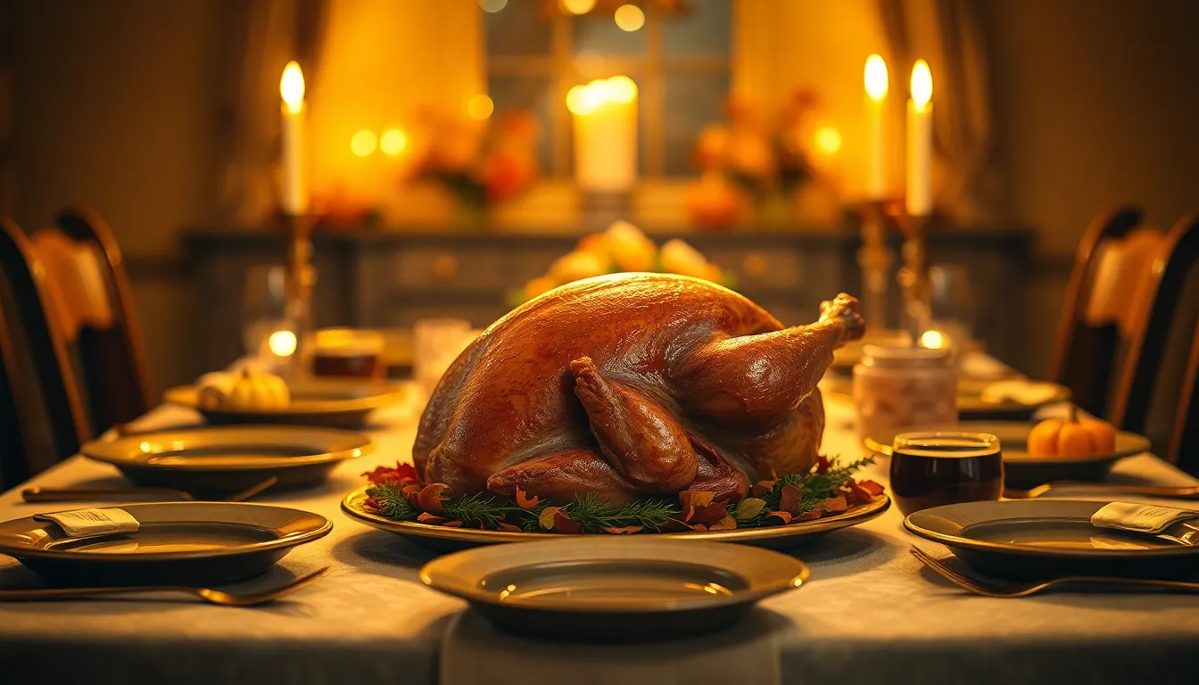 An elegantly set Thanksgiving dinner table features a sumptuous roasted turkey as the centerpiece, surrounded by rustic ceramic plates and golden cutlery. Soft candlelight bathes the scene in warm hues, creating an inviting atmosphere perfect for family gatherings. Autumn leaves and small pumpkins adorn the table, adding seasonal charm. The composition captures the essence of Thanksgiving, emphasizing togetherness and gratitude.