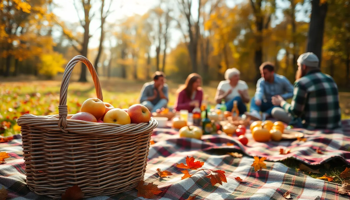 An idyllic outdoor Thanksgiving picnic showcases a gathering of family enjoying a meal amidst vibrant autumn foliage. The scene features a wicker basket filled with fresh fruits and blankets spread across the grass, inviting warmth and connection to nature. Soft daylight enhances the natural colors of the leaves, creating a festive atmosphere perfect for Thanksgiving. This image encapsulates the joy of sharing food and memories in the beauty of nature.