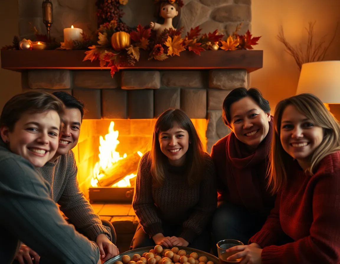 A heartwarming Thanksgiving family gathering takes place around a crackling fireplace, where smiles and laughter fill the room. The soft glow of firelight creates a cozy atmosphere, highlighting the joyful expressions of each family member. Autumn decorations add to the festive warmth, making this scene a perfect representation of family bonds and gratitude. This image captures the essence of togetherness during the holiday season.