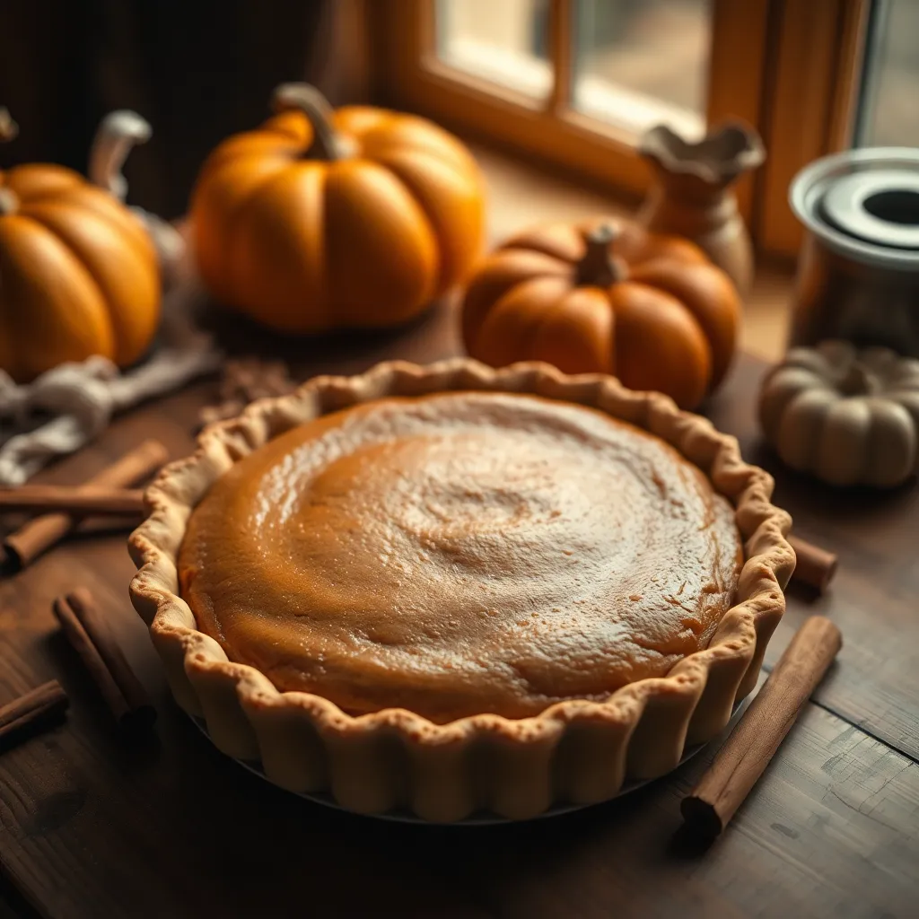 This close-up shot captures a freshly baked pumpkin pie sitting on a rustic wooden table, complemented by scattered brown sugar and cinnamon sticks. Warm light from a nearby window enhances the rich textures of the pie crust, inviting viewers to indulge. The shallow depth of field draws attention to the pie's details while softening the background, creating an intimate, homely atmosphere. Rich golden and brown tones reflect the essence of Thanksgiving baking.
