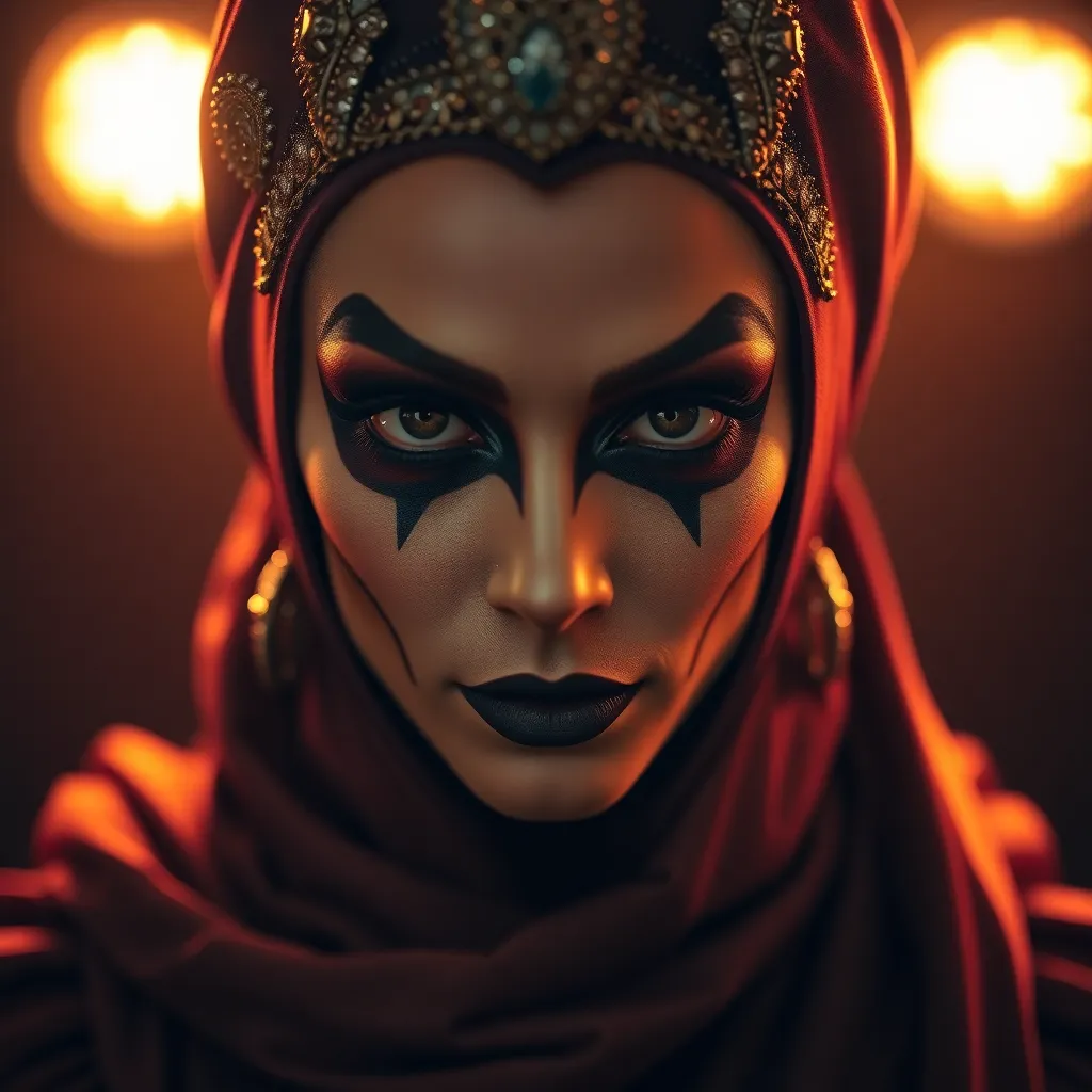 This striking image features a close-up of a theater performer adorned in elaborate costume and makeup, highlighting the intricate details of their expression. Warm tungsten lighting enhances the textures of the makeup and fabric, creating a dramatic mood. The creamy bokeh background focuses the viewer's attention on the performer's eyes, reflecting the passion and emotion inherent in their role.