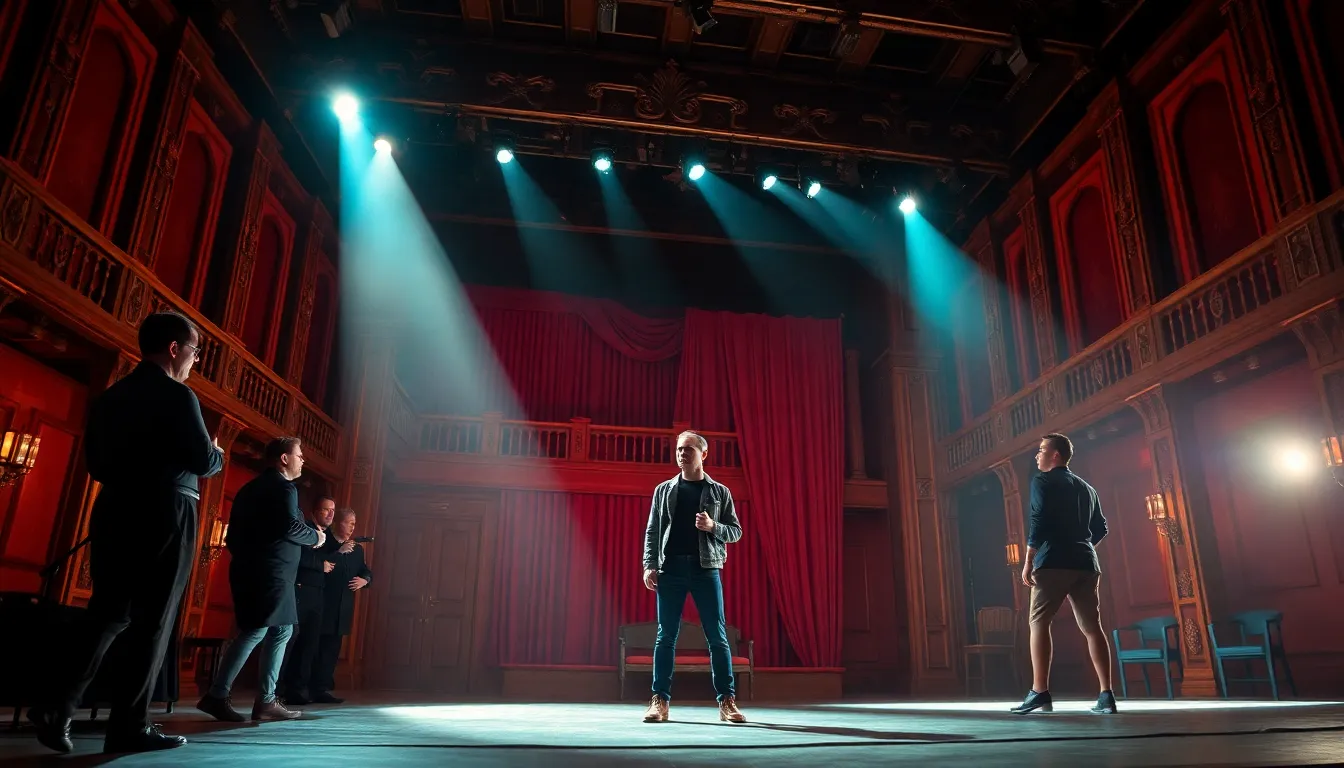 This image showcases a vibrant theater stage filled with performers, illuminated by dramatic spotlights. The focal point is the lead actor, dressed in colorful costume, surrounded by an intricately designed set that reflects the intensity of the performance. The contrasting shadows and a teal-orange color grading enhance the theatrical atmosphere, drawing viewers into the captivating scene.