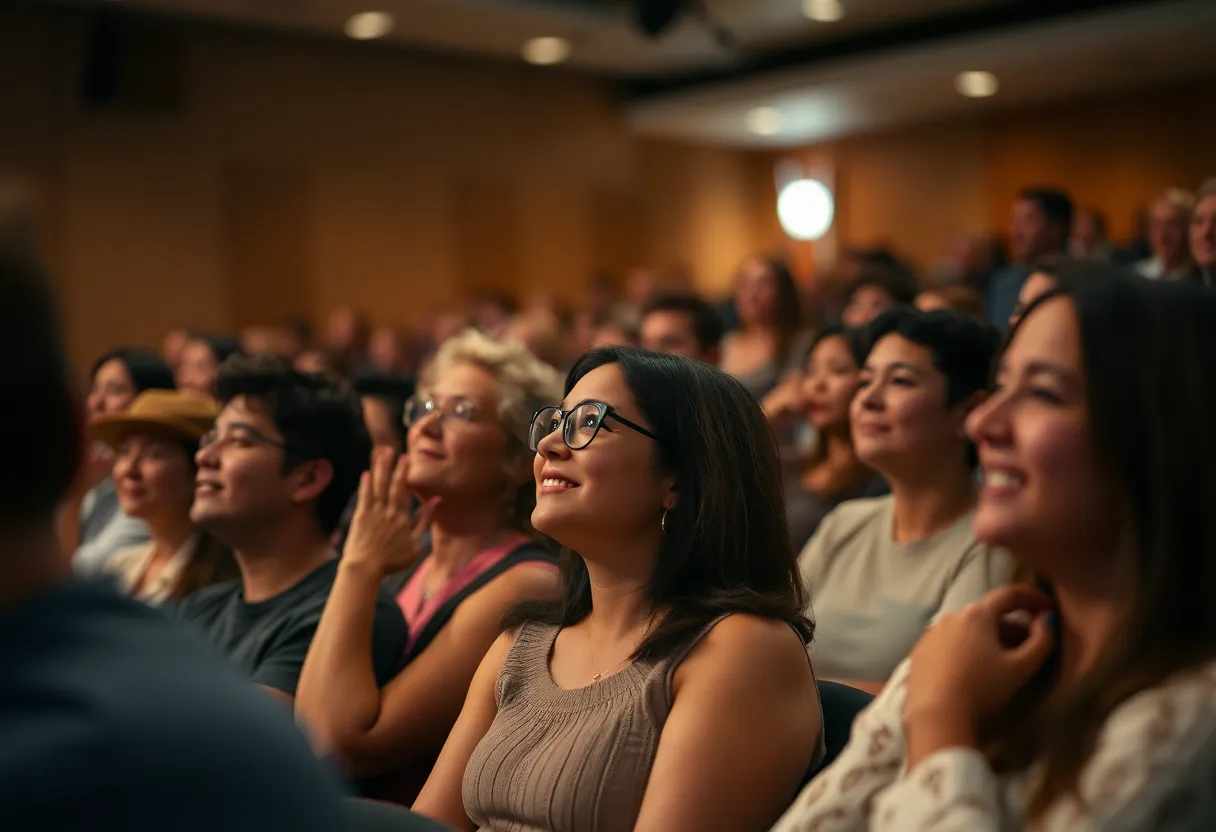 This image captures the intimate atmosphere of a theater audience captivated by a live performance. With warm ambient lighting illuminating the scene, expressions of joy and concentration are vividly displayed on the faces of diverse audience members. The soft bokeh background enhances the warmth of the moment, inviting viewers to feel the shared experience of theater.