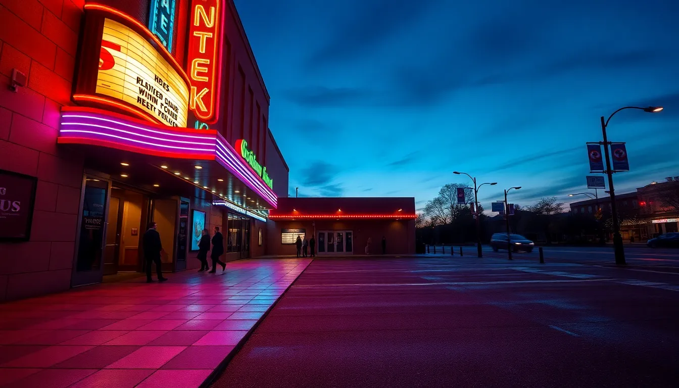 This captivating image presents the exterior of a theater at dusk, where neon signage brings the building to life with vibrant colors. The reflection of lights on the wet pavement adds an extra layer of visual interest, enhancing the anticipation of the evening's performance. With a cinematic color palette and compelling composition, the scene embodies the excitement and allure of attending a live show.