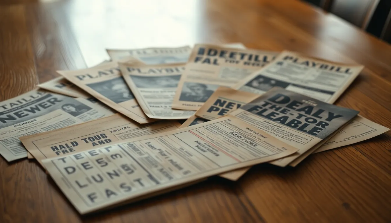 An artistic arrangement of vintage theater playbills displayed on a polished wooden table. Natural daylight filters through, highlighting the intricate textures of the paper and the grain of the wood beneath. The image evokes a sense of nostalgia, with muted earth tones reinforcing the vintage theme. The hyperfocal depth of field ensures clarity across the entire scene, while the layered arrangement of the playbills invites viewers to explore the history and stories behind each performance. This shot captures the essence of theatrical nostalgia.