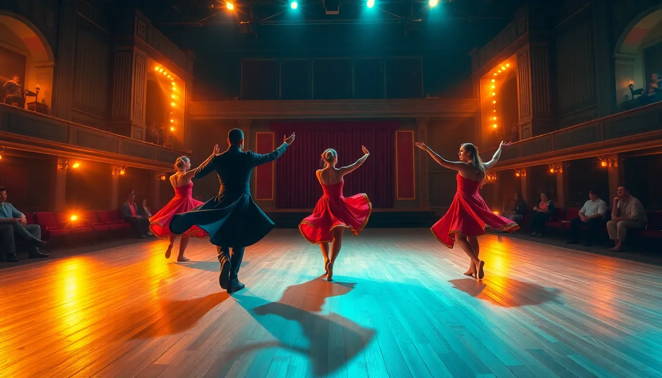 This breathtaking image showcases a group of dancers performing on stage during golden hour, with warm backlighting that creates a magical halo effect. The vibrant teal and orange colors amplify the energy of their costumes and movements, while leading lines in the theater guide the viewer's gaze toward the performers. The rich textures of the wooden stage and flowing fabrics enhance the visual appeal, encapsulating the beauty of live dance performances.