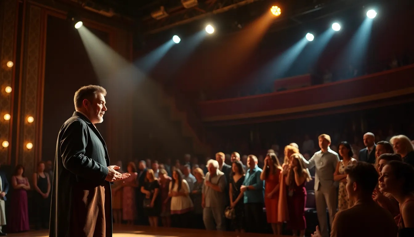 Dramatic Theater Performance Under Spotlight This captivating image captures a vibrant theater performance with actors engaged in an emotional scene. Dramatic spotlights illuminate their expressive faces, while the audience fades into a soft blur. The warm tones create an inviting atmosphere, enhancing the live entertainment experience. The carefully arranged composition draws the eye to the lead actor, capturing the intensity and drama of live theater.