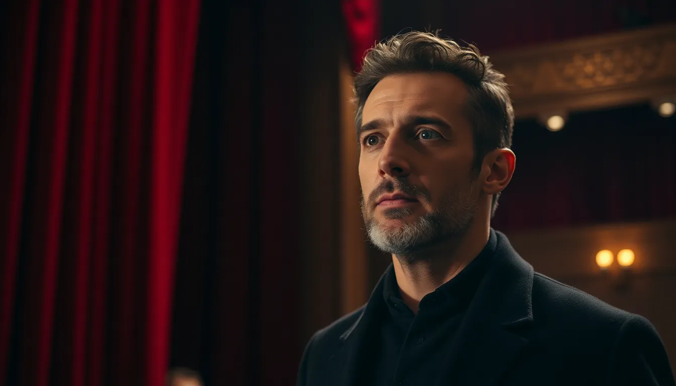 This image captures a dramatic moment of a lead actor in a theater performance, showcasing their intense expression under soft Rembrandt lighting. Rich reds and golds dominate the scene, creating a warm atmosphere. The focused shallow depth of field draws attention to the actor, while the textured velvet curtains and wooden stage add an authentic touch. The composition is thoughtfully arranged, emphasizing the actor’s presence in the theatrical setting.