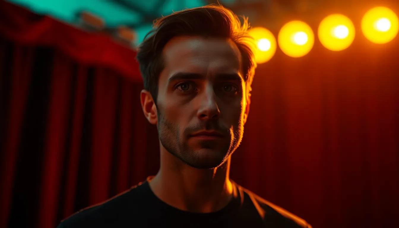 A captivating moment of an actor delivering a powerful performance on stage, illuminated by warm tungsten lights. The focus on their expressive face contrasts with the soft blur of the velvet curtains and audience in the background. The cinematic teal and orange color grading enhances the dramatic mood, while the detailed textures of the fabrics evoke a sense of luxury and artistry. This image captures the essence of live theater, drawing viewers into the emotional depth of the performance.