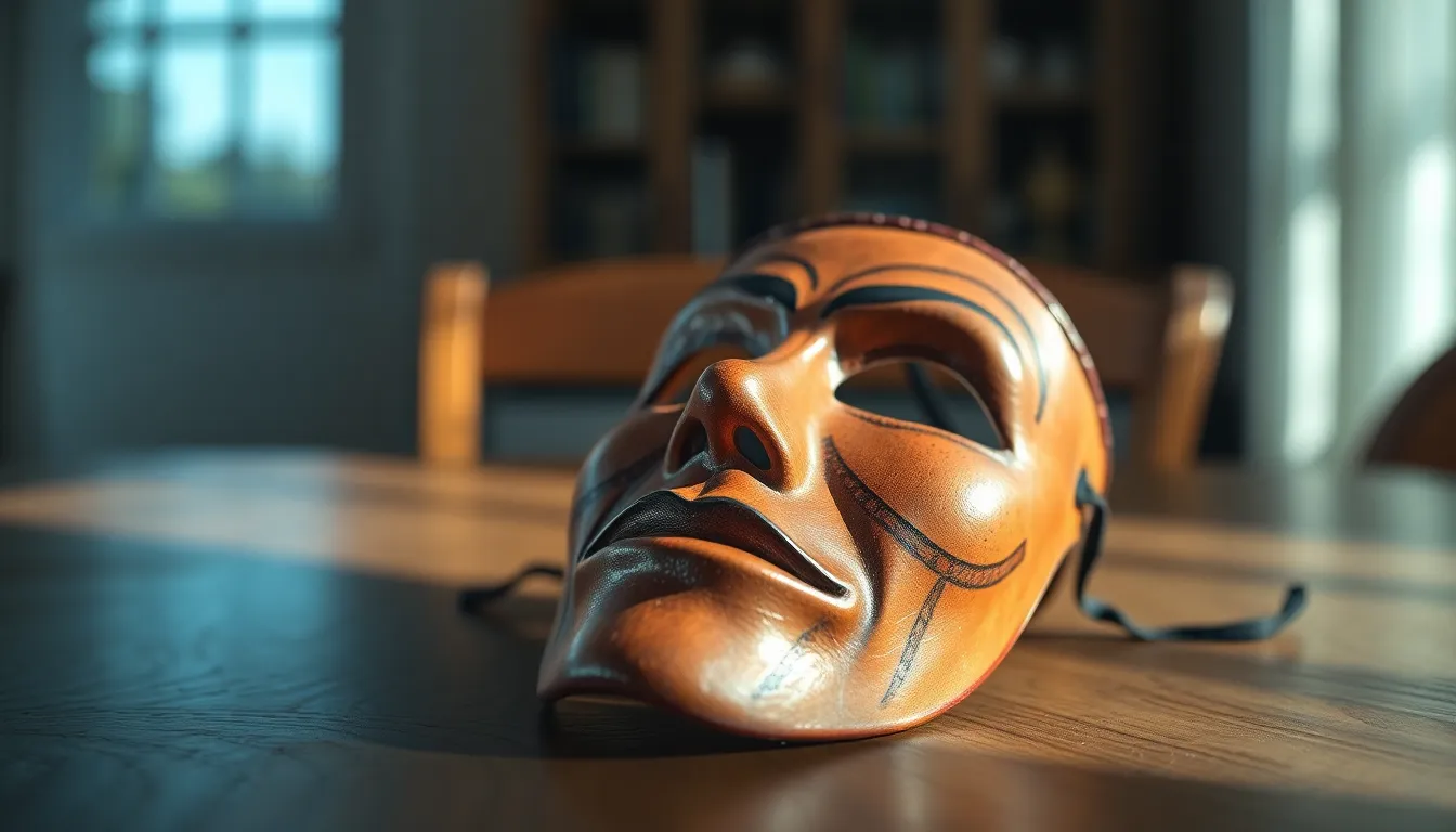A stunning close-up of a theatrical mask, showcasing its intricate designs and rich details. Natural daylight illuminates the mask, highlighting the textures that represent the artistry and craftsmanship behind theatrical performances. The subtle wood grain of the table adds contrast and depth to the image. This photograph invites viewers to appreciate the beauty and significance of theatrical elements, perfectly blending art and emotion.