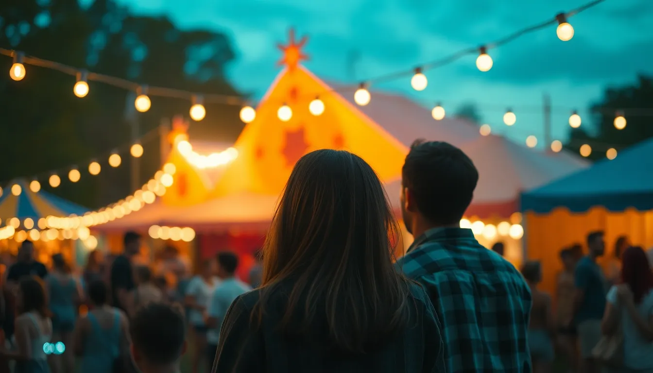 This image captures a couple engrossed in an outdoor theater festival as twilight envelops the scene. Overhead string lights create a warm, enchanting glow, enhancing the dreamy atmosphere. With selective focus on the couple, the colorful tents and festival-goers fade into a soft blur, adding to the magic of the moment. The cinematic teal and orange color grading deepens the enchanting mood, while textures highlight the fabric of their clothing and festival decorations.