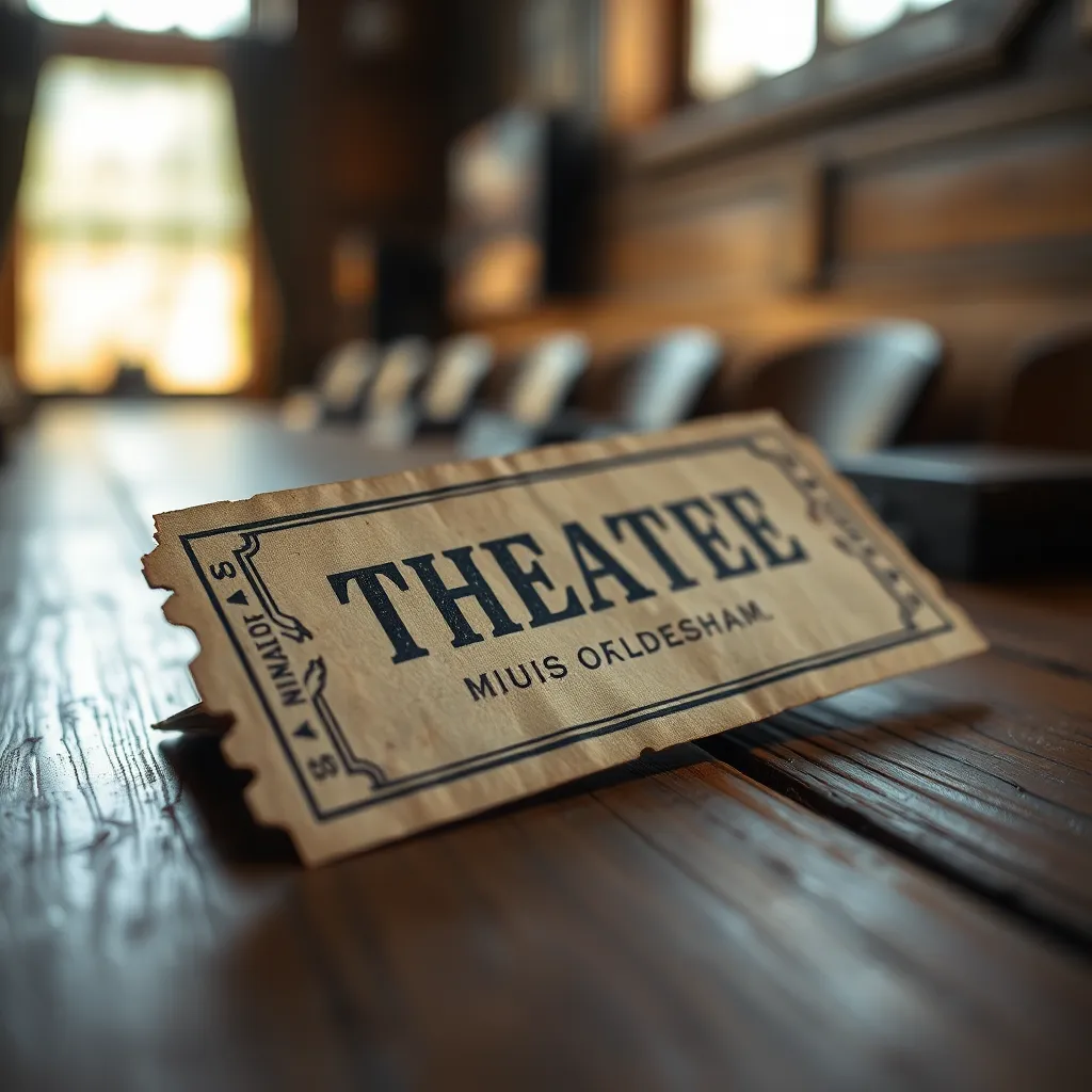 Vintage Theater Ticket on Rustic Table This close-up photograph features a vintage theater ticket resting on a rustic wooden table, evoking nostalgia for live performances. Warm, soft lighting creates a cozy atmosphere, highlighting the ticket's age-worn textures and embossed lettering. The shallow depth of field draws attention to the details, while the muted color palette adds to the vintage charm. Surrounding elements subtly suggest the rich experiences that theater tickets represent, inviting viewers to reminisce about past shows and performances.
