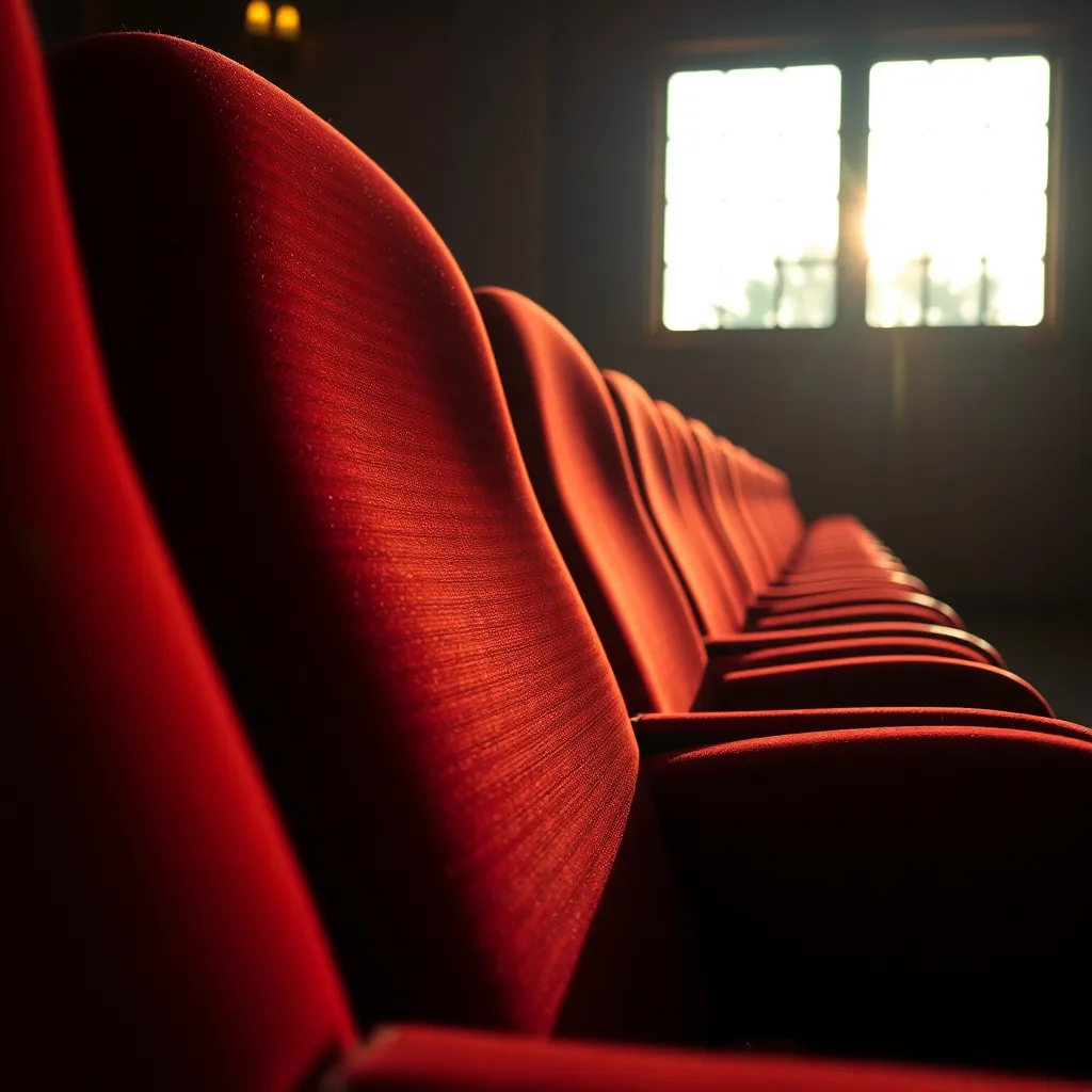 A close-up of an ornate theater seat featuring exquisite detailing in its plush crimson upholstery. Bathed in natural light from a golden hour window, the textures come alive, highlighting the intricate stitching and inviting warmth of the fabric. The shallow depth of field focuses attention on these details, while the softly blurred background adds depth to the image. This intimate composition captures the essence of comfort within a historic theater setting.