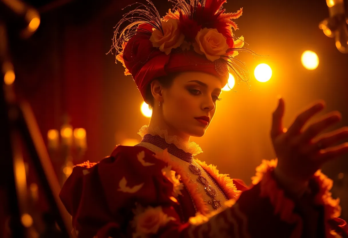 A stunning close-up portrait of a performer in extravagant costume, captured during the enchanting golden hour. The warm backlight creates a halo effect, accentuating the intricate textures of the costume while enveloping the scene in vibrant colors. The soft bokeh provides a dreamy backdrop, allowing the focus to rest on the character's expressive features. This image embodies the artistry and craftsmanship of theatrical productions, perfect for showcasing costume design and performance art.