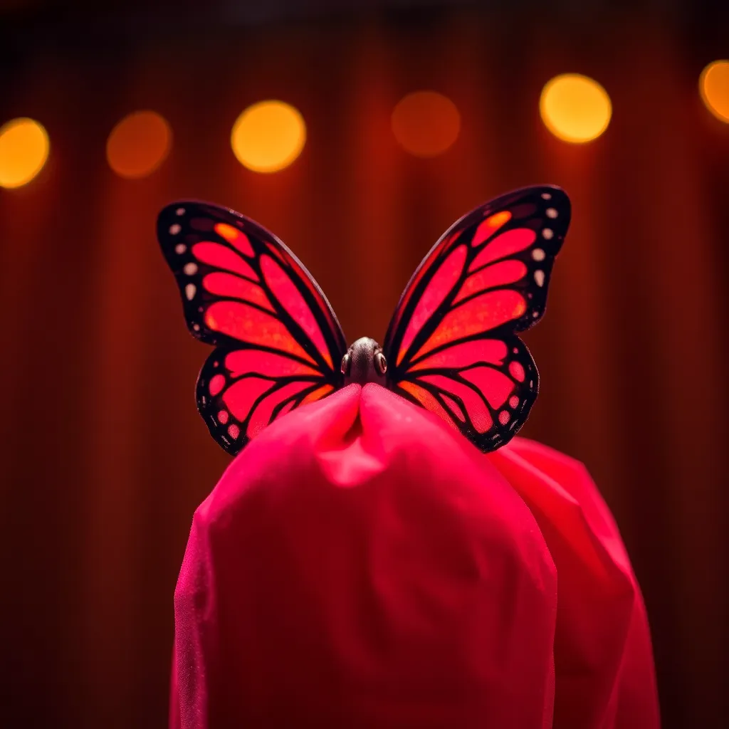 A stunning close-up of a vibrant theater prop illuminated by soft studio lighting. The butterfly lighting highlights the intricate textures and craftsmanship of the prop, while a shallow depth of field blurs the background into a dreamy bokeh. The saturated colors evoke a sense of drama and excitement, making this image a perfect representation of theatrical artistry. The centered composition draws attention to the prop's stunning details.