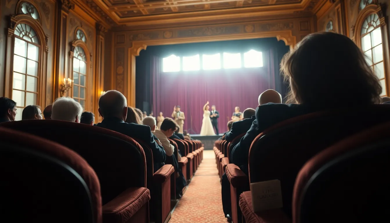 This image beautifully captures a theater audience immersed in a captivating performance, with soft natural light flooding in from large windows. The hyperfocal depth ensures every detail is sharp, from the plush velvet seats to the performers on stage. The Kodak Portra 400 color palette enhances warm skin tones, creating an inviting atmosphere. Foreground framing with ornate theater seats directs the viewer's focus to the stage, highlighting the luxurious fabric and the overall grandeur of the theater experience.