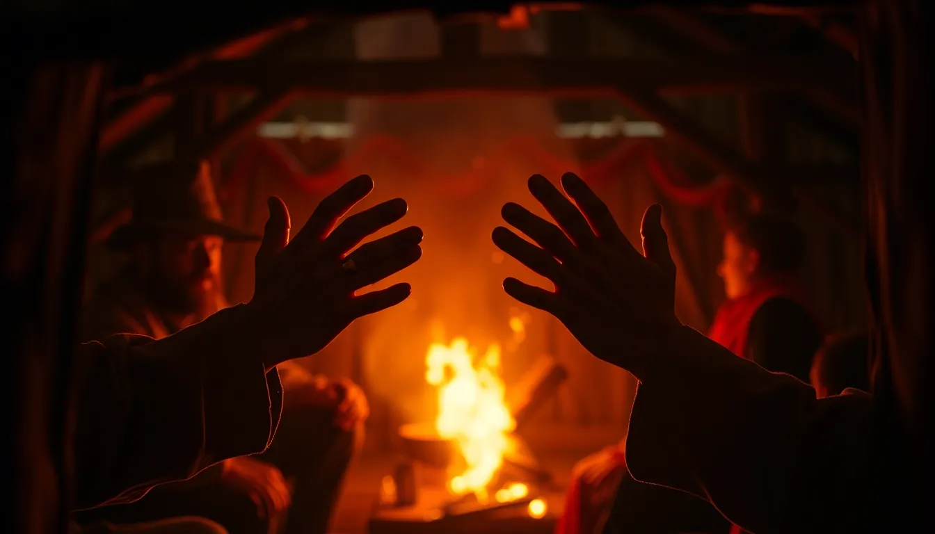 A dramatic theatrical scene illuminated by warm firelight, creating a cozy yet intense atmosphere. The focus is on the actors' hands as they perform a powerful gesture, with flickering shadows enhancing the drama. The rustic wooden arch frames the scene beautifully while the rich reds and oranges evoke a sense of storytelling by the campfire. The image captures the intricate textures of the actors' costumes and props.