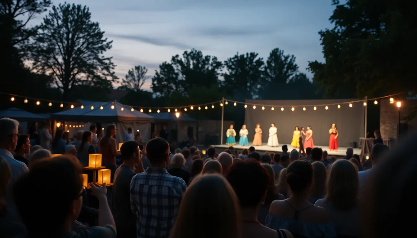 A vibrant scene from an outdoor theater festival at twilight, illuminated by warm lantern light creating an enchanting atmosphere. The photograph captures both the captivated audience and performers, with leading lines guiding the viewer's gaze to the stage. The natural muted tones enhance the intimate mood, while the pops of bright color from the costumes bring energy to the scene. Everything is sharp, from the foreground details of the audience to the distant action on stage.