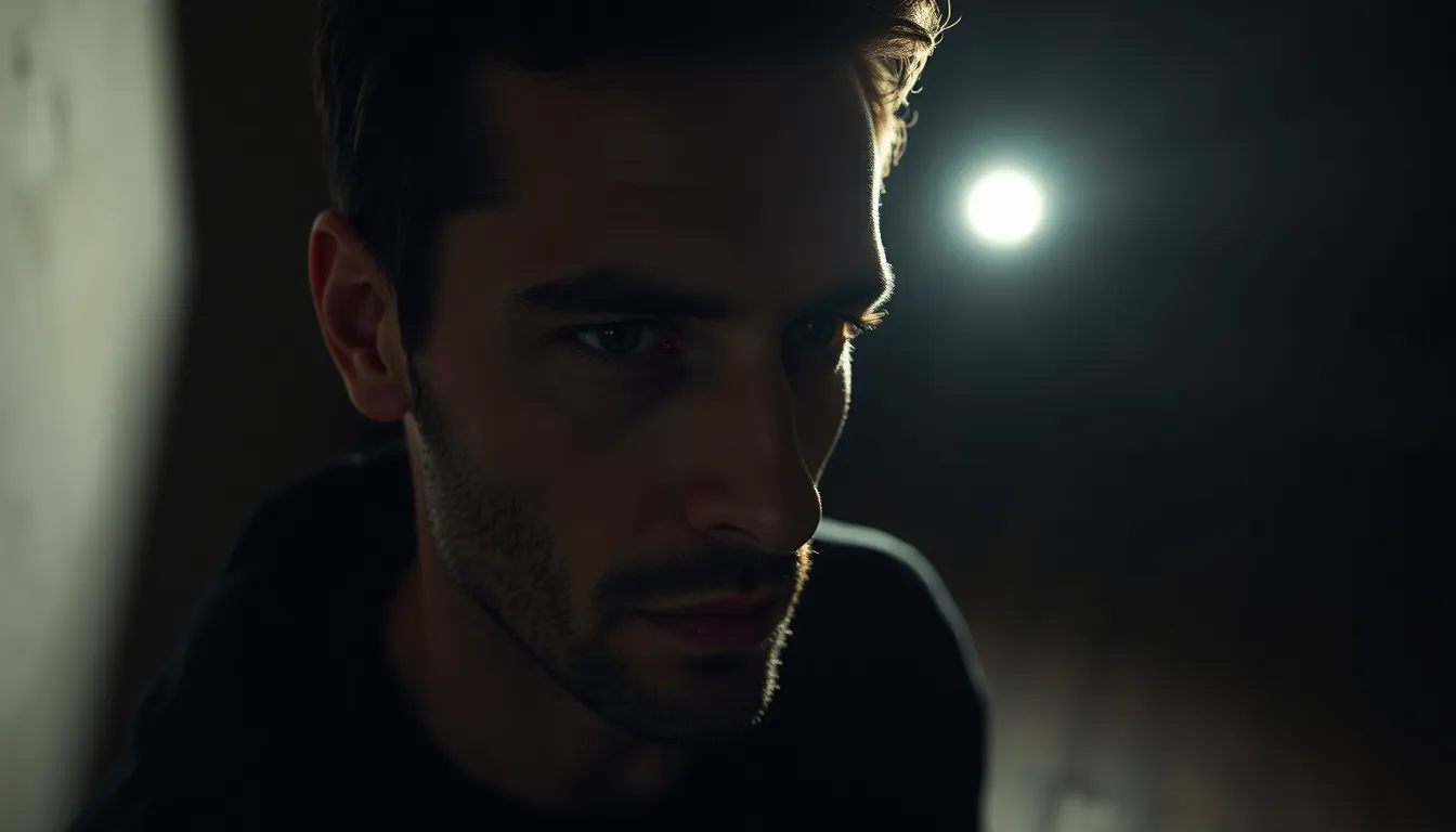 In this intimate close-up, a theater actor’s expressive eyes are captured in dramatic chiaroscuro lighting, revealing the depth of emotion in their performance. The shallow depth of field draws attention to the actor's face, highlighting the natural skin texture and subtle expressions. The natural muted tones create a contemplative atmosphere, while the rough wooden stage flooring adds a tactile quality to the scene. The composition follows the rule of thirds, enhancing visual interest.