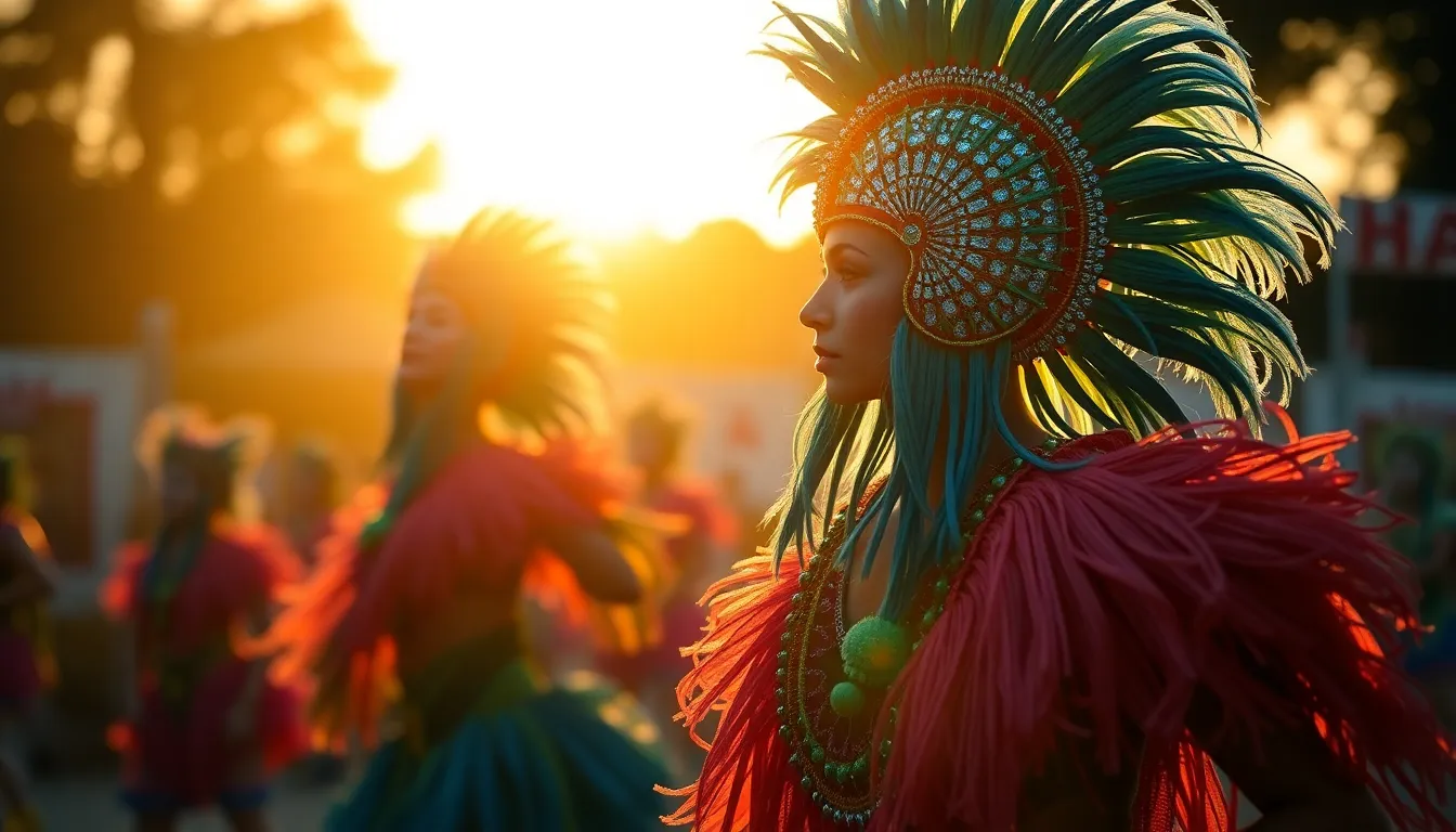 An outdoor theater performance captured during the golden hour, with warm backlighting that beautifully highlights the performers. The vibrant colors of their costumes pop against the deep blues of the sky. The performers' dynamic poses are framed using the rule of thirds, creating a compelling composition. The creamy bokeh in the background adds depth while showcasing the detailed textures of the costumes, evoking the excitement of live theater.