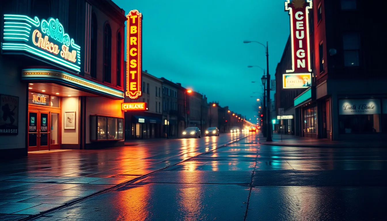 An evocative nighttime image of a theater entrance glowing under neon lights, with reflections shimmering off the rain-slicked pavement. Overcast skies provide a moody backdrop, enhancing the overall ambiance of the scene. The composition leads the viewer's eye towards the inviting entrance, while details like raindrops on the ground add depth and texture. This photograph captures the allure of live performances, drawing viewers into the world of theater.