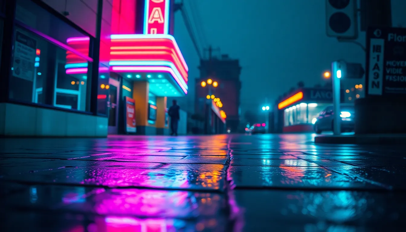 A striking image of a theater's exterior illuminated by vibrant neon lights, creating a lively atmosphere on a rainy night. The reflections on the wet pavement add depth, while the dynamic Dutch angle composition injects energy into the scene. The rich teal and orange color grading creates a cinematic feel, inviting viewers into the enchanting world of live performances. This image showcases the excitement of theater experiences at night, perfect for promoting cultural events.