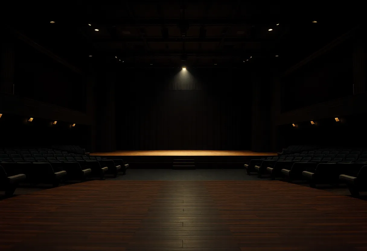 Empty Theater Stage Ready for Performance This serene image captures an empty theater stage bathed in a single spotlight, evoking a sense of anticipation and readiness for the performance to come. The darkened auditorium contrasts with the warm glow of the wooden floor, enhancing the stage's allure. The focus on the center of the composition invites viewers to imagine the stories that will unfold in this sacred space. The muted tones contribute to a nostalgic atmosphere, reminiscent of classic theatrical experiences.