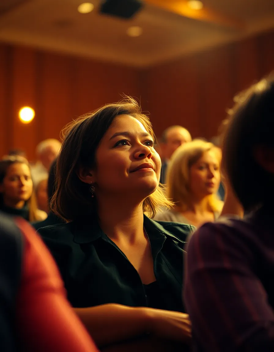The photograph captures an engaged audience member during a theater performance, illuminated by the soft, warm glow of stage lighting. The shallow depth of field focuses on the audience member's emotional expression, creating an intimate connection with viewers. Enhanced with a Kodak Portra 400 color palette, this image beautifully showcases the rich textures of clothing and accessories, reflecting the diversity of the audience.