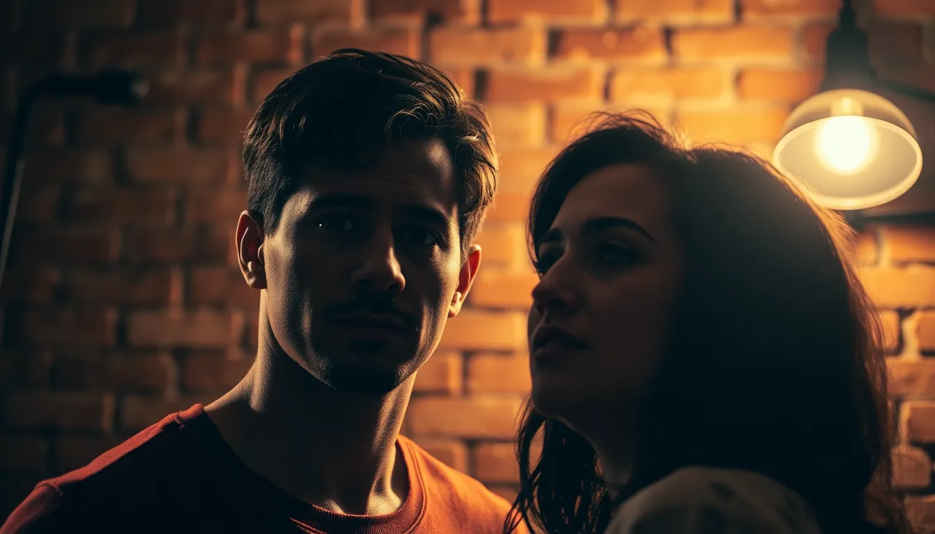 This intimate scene captures two actors performing in front of a brick wall, illuminated by warm tungsten lighting that casts dramatic shadows. The shallow depth of field beautifully isolates the performers, showcasing their natural skin textures and expressions. Warm tones and flickering highlights add to the emotionally charged atmosphere of the performance. The composition, featuring an asymmetrical layout, emphasizes the connection between the actors, drawing the viewer into their world.