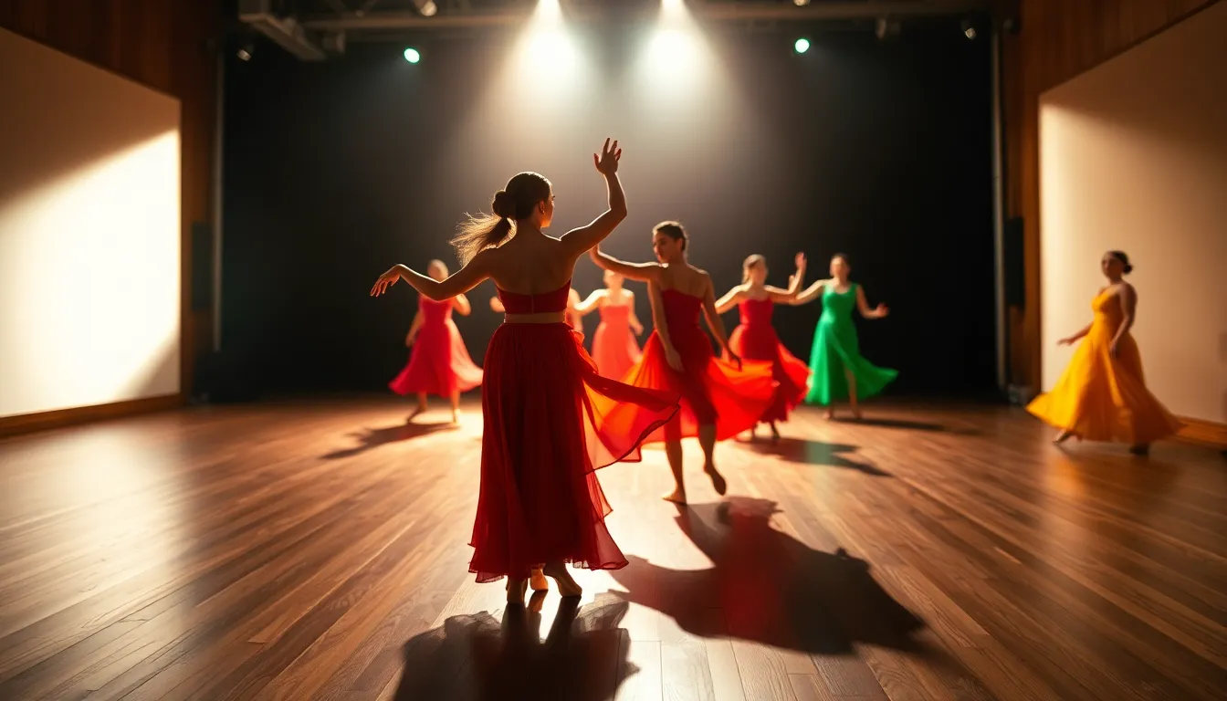 This dynamic image showcases a lead dancer in a vibrant performance, illuminated by backlighting that creates a captivating halo effect. The selective focus brings attention to the dancer’s expressive motion, while the background melts into a soft blur. The saturated colors inspired by Fujifilm Velvia enhance the vibrancy of the dancer’s costume, contributing to the overall energy of the scene. Leading lines formed by the dancers' movements draw the viewer's eye through the composition, highlighting the artistry of theater.