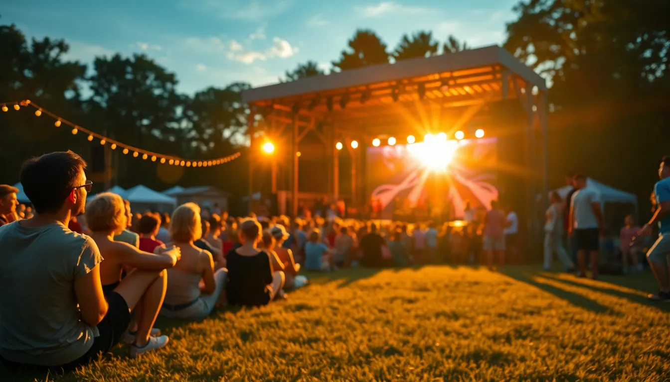 Outdoor Theater Experience at Sunset This image portrays an outdoor theater filled with an enthusiastic audience during a summer festival, bathed in the warm glow of the setting sun. The vibrant colors blend seamlessly, creating a cinematic quality that draws the viewer into the scene. The composition captures the connection between the audience and performers, highlighting the joy of live entertainment amidst nature. Textures of the grass and stage add depth, further immersing viewers in this seasonal celebration of theater.