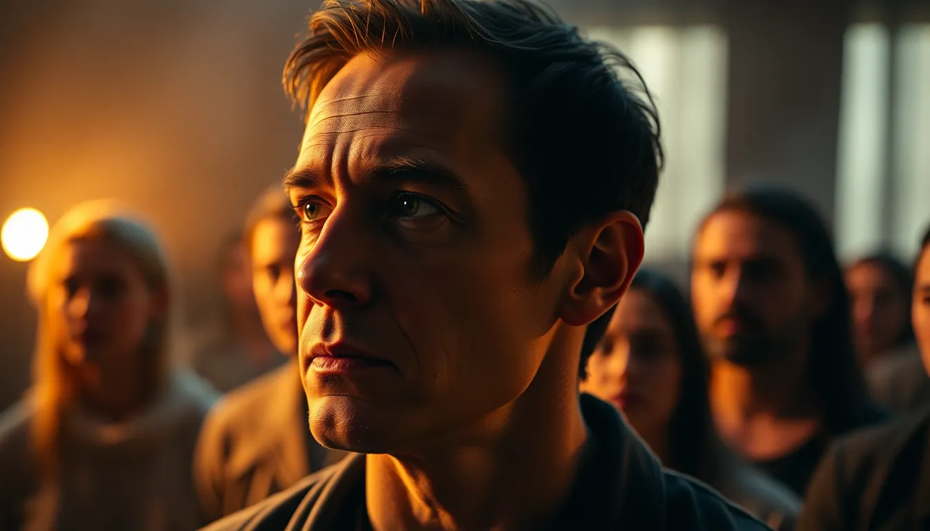 A gripping moment captured during a rehearsal, where the intensity of the actors' expressions fills the stage with palpable emotion. The warm flickering light from a nearby fire creates dynamic shadows, highlighting the lead actor's captivating performance while softly blurring the background. This image illustrates the raw energy of theater rehearsals, showcasing the talent and dedication of the cast. The use of leading lines enhances the compositional flow, making it a compelling visual narrative.